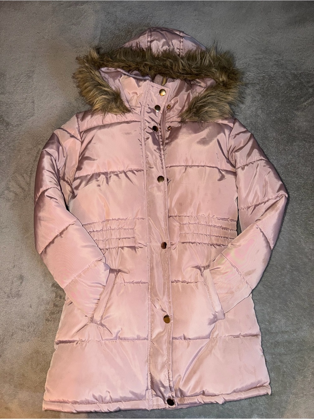 Girls Pink Hooded Puffer Coat with Faux Fur Trim